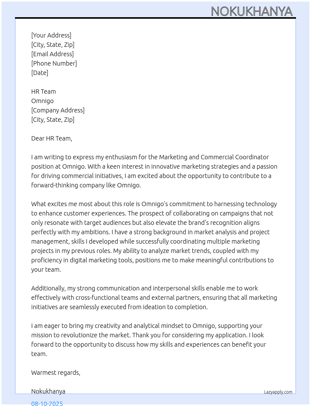 Marketing and Commercial Coordinator  At Omnigo Cover Letter