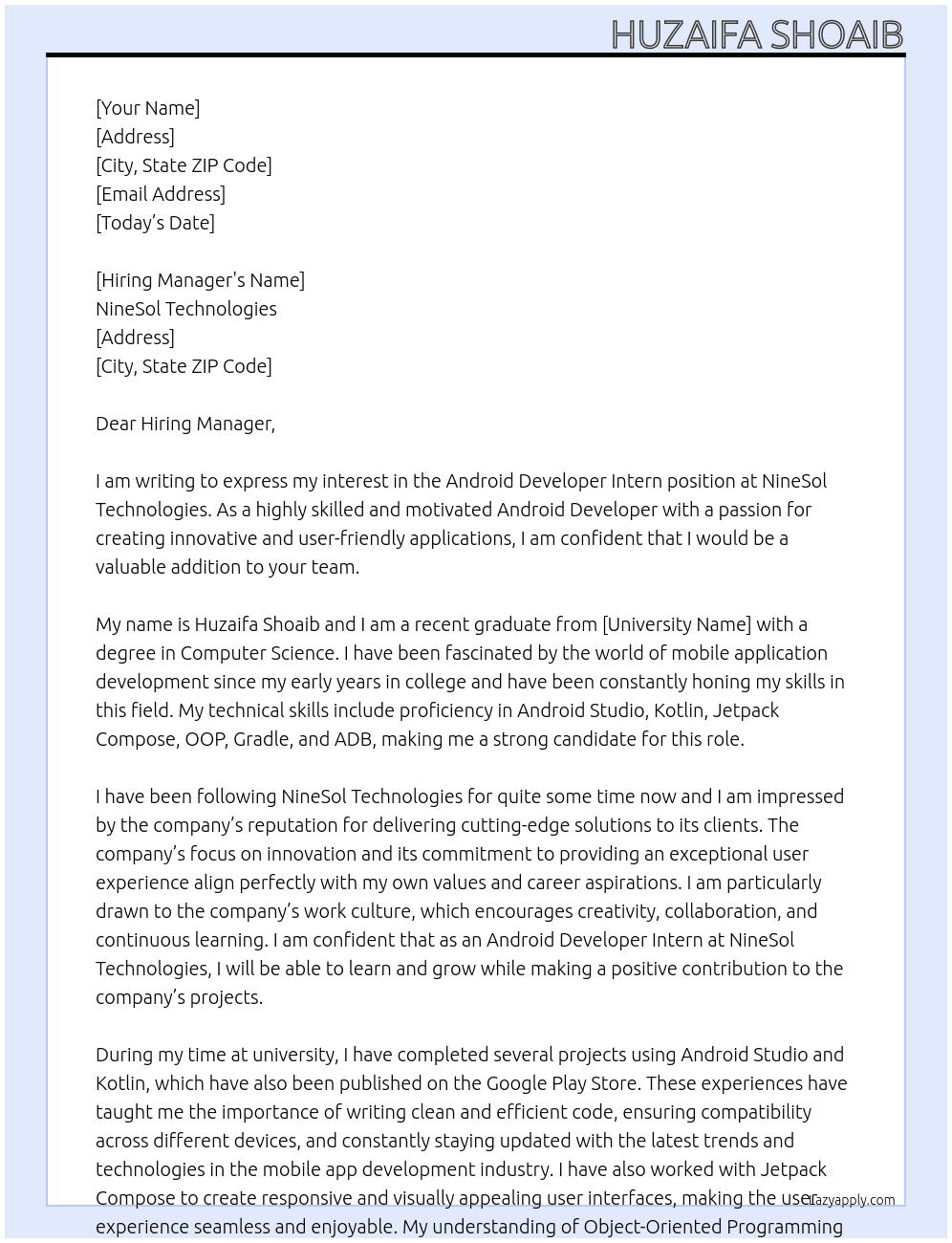Android Developer Intern At NineSol Technologies Cover Letter