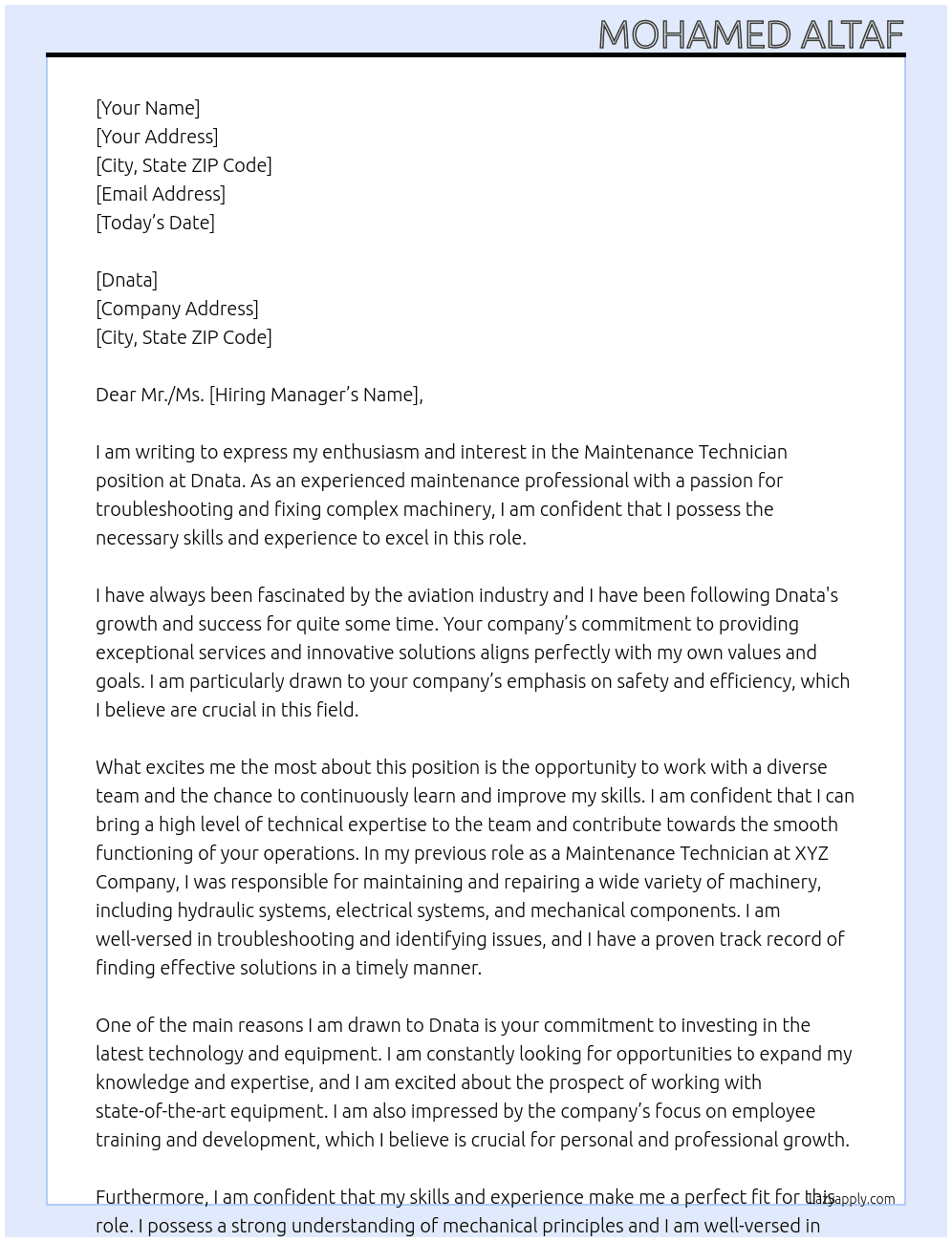 Maintenance technician At Dnata Cover Letter
