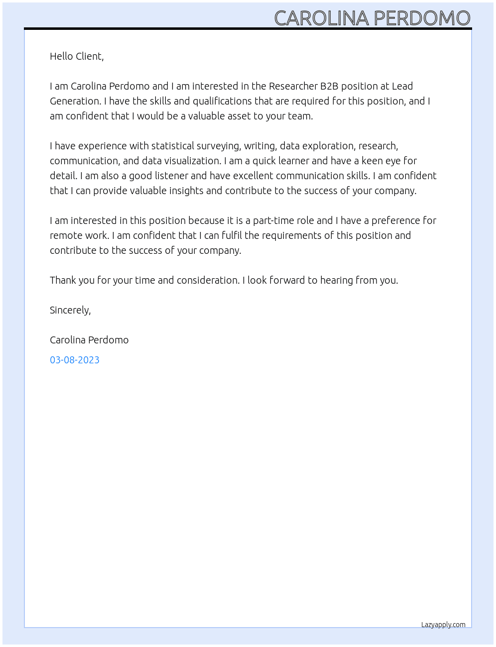 Researcher B2B At Lead Generation Cover Letter