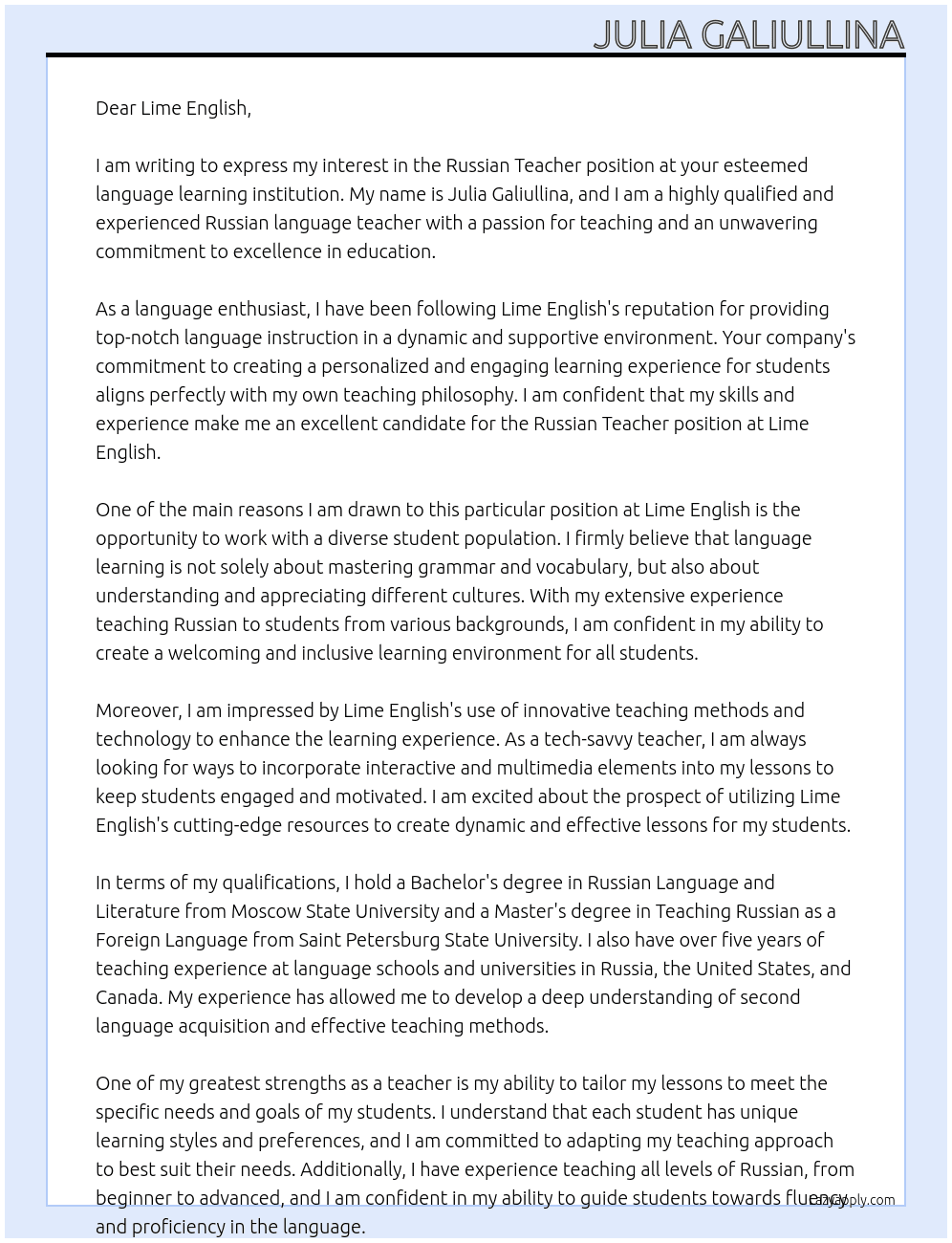 Russian Teacher At Lime English Cover Letter