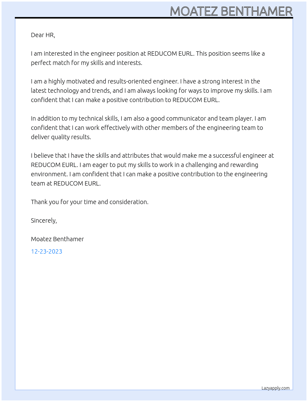 Engineer At REDUCOM EURL Cover Letter