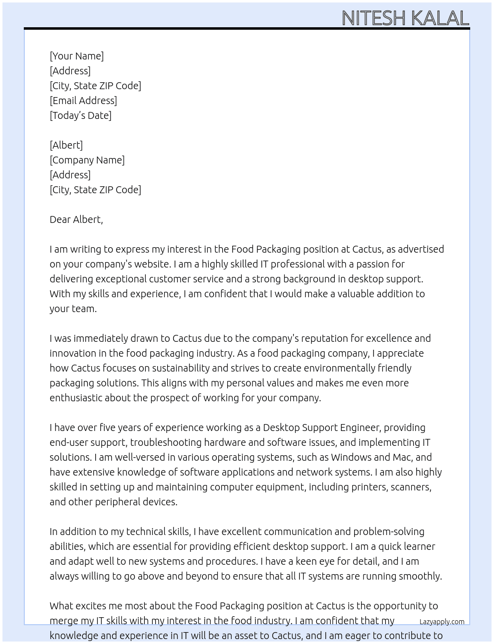 Food packaging  At Cactus Cover Letter