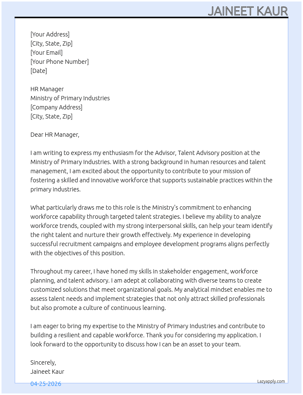 Advisor, Talent Advisory At Ministry of Primary industries  Cover Letter