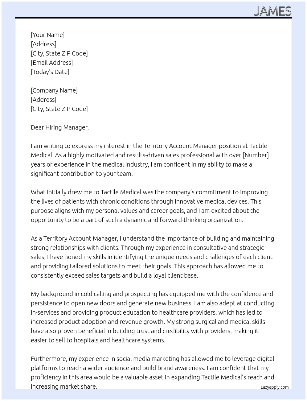 Territory Account Manager At Tactile Medical Cover Letter