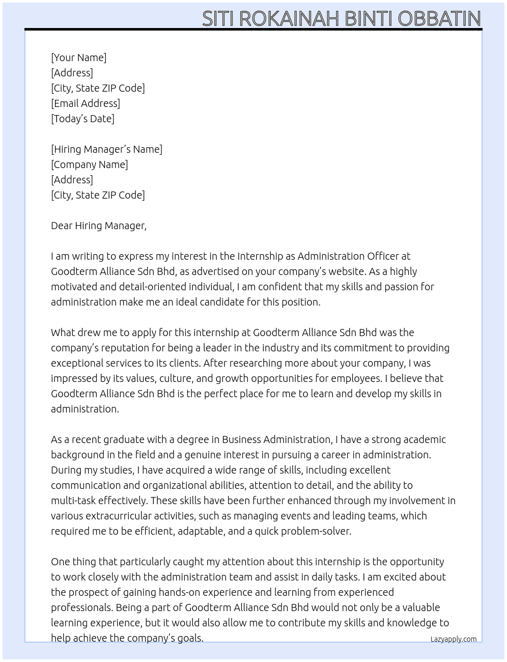 Internship as Administration Officer At Goodterm Alliance Sdn Bhd Cover Letter