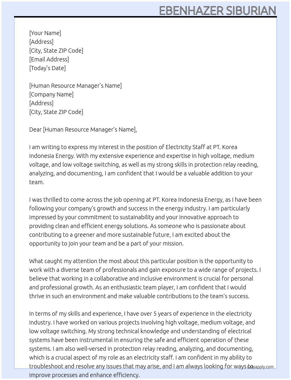 electricity staff At PT. Korea Indonesia Energy Cover Letter