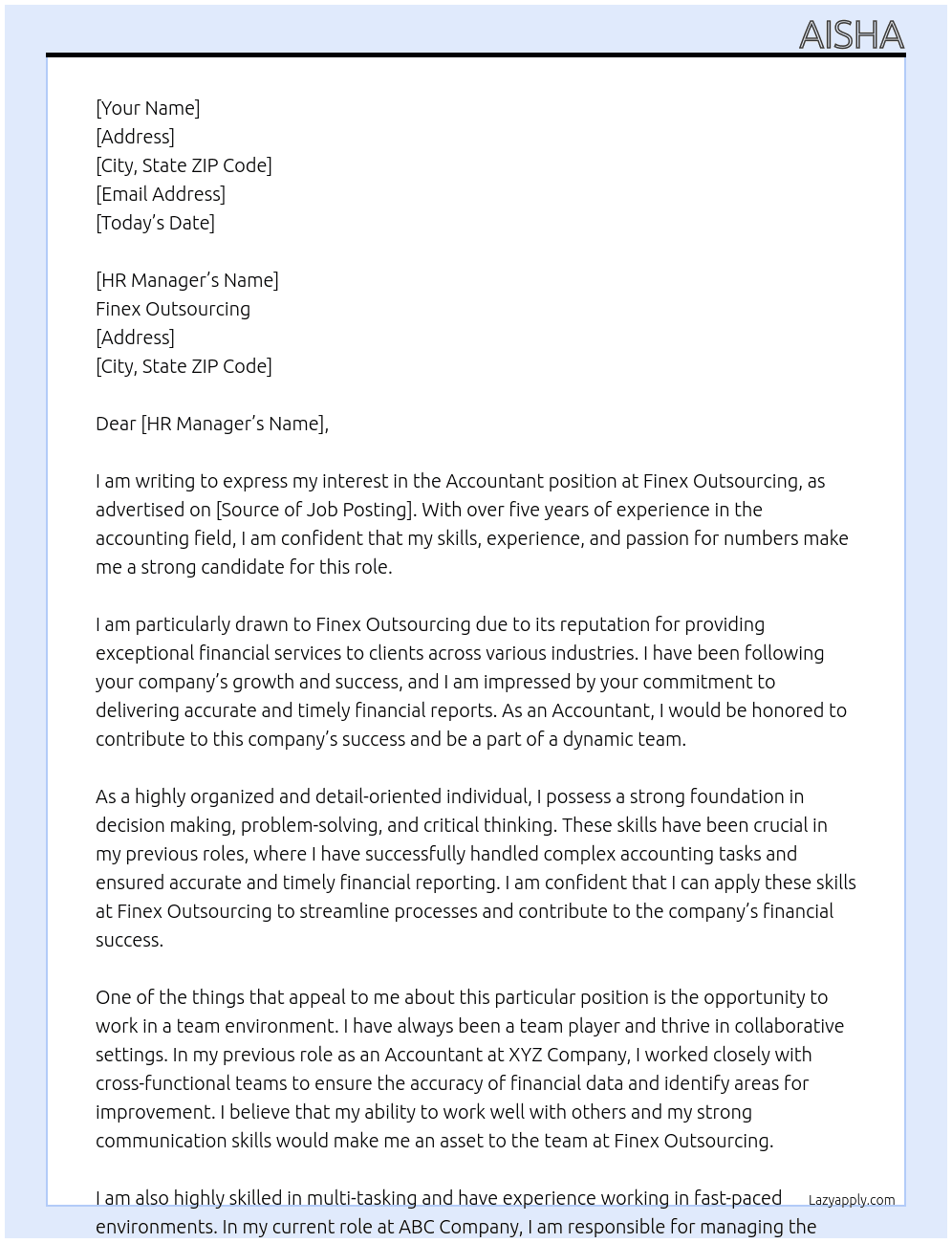 accountant At Finex Outsourcing Cover Letter