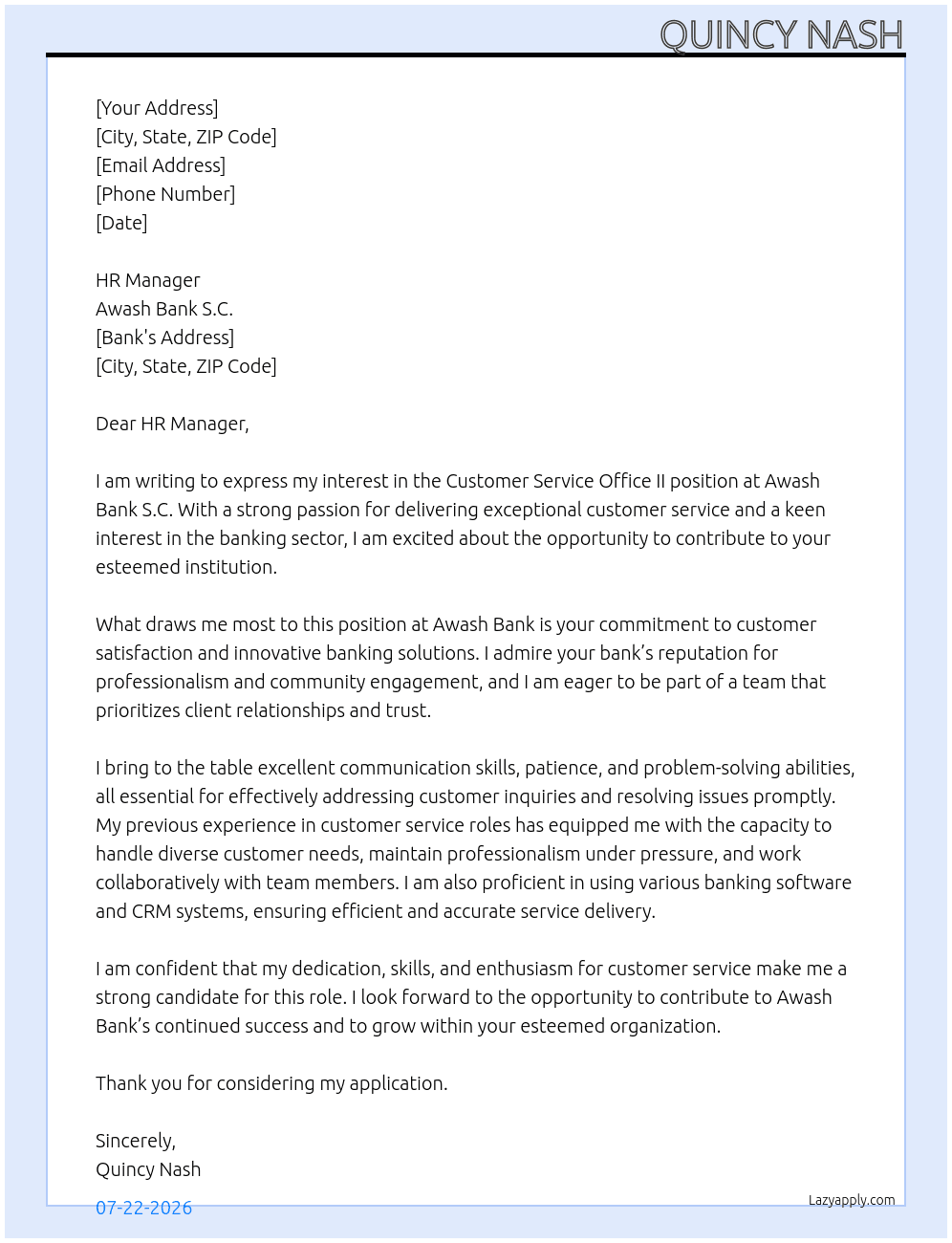 customer service office II At awash bank s.c Cover Letter