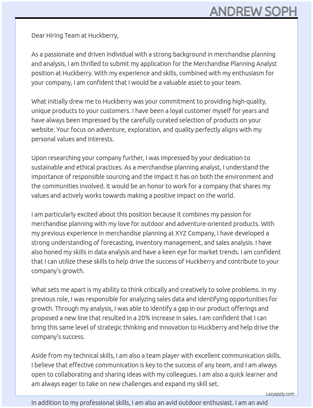 Merchandise Planning Analyst At Huckberry Cover Letter