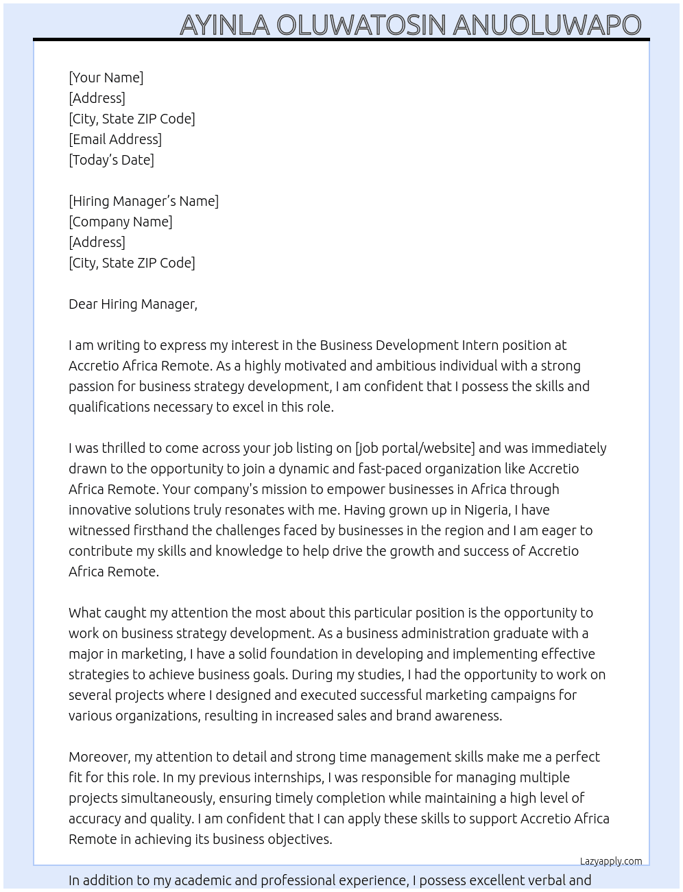 Business Development Intern  At Accretio Africa Remote  Cover Letter