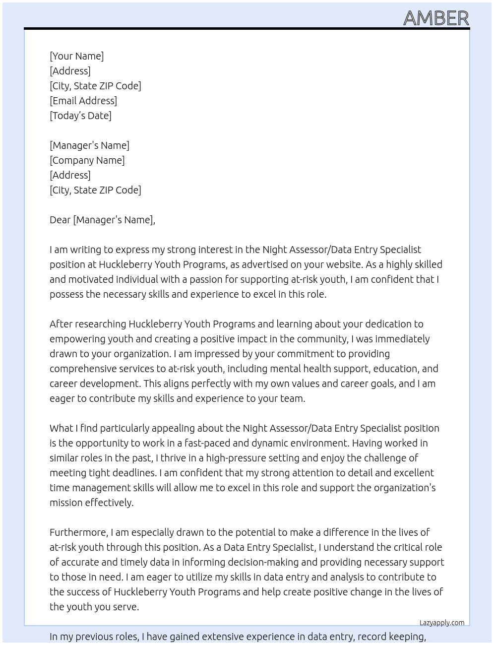 Night Assessor/Data Entry Specialist At Huckleberry Youth Programs Cover Letter