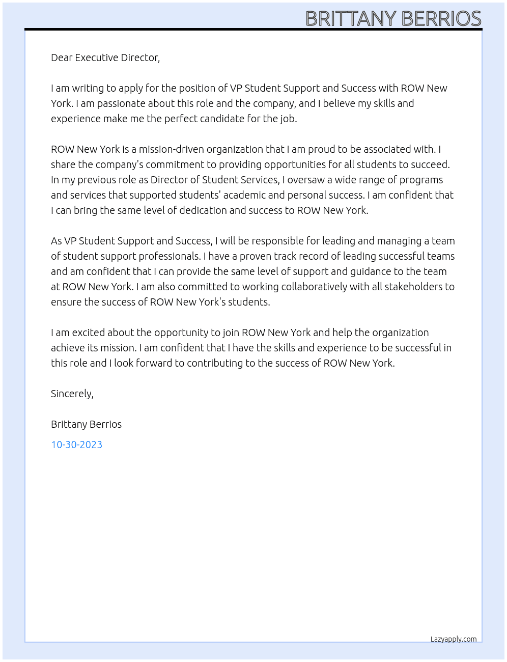 VP Student Support and Success At ROW New York Cover Letter