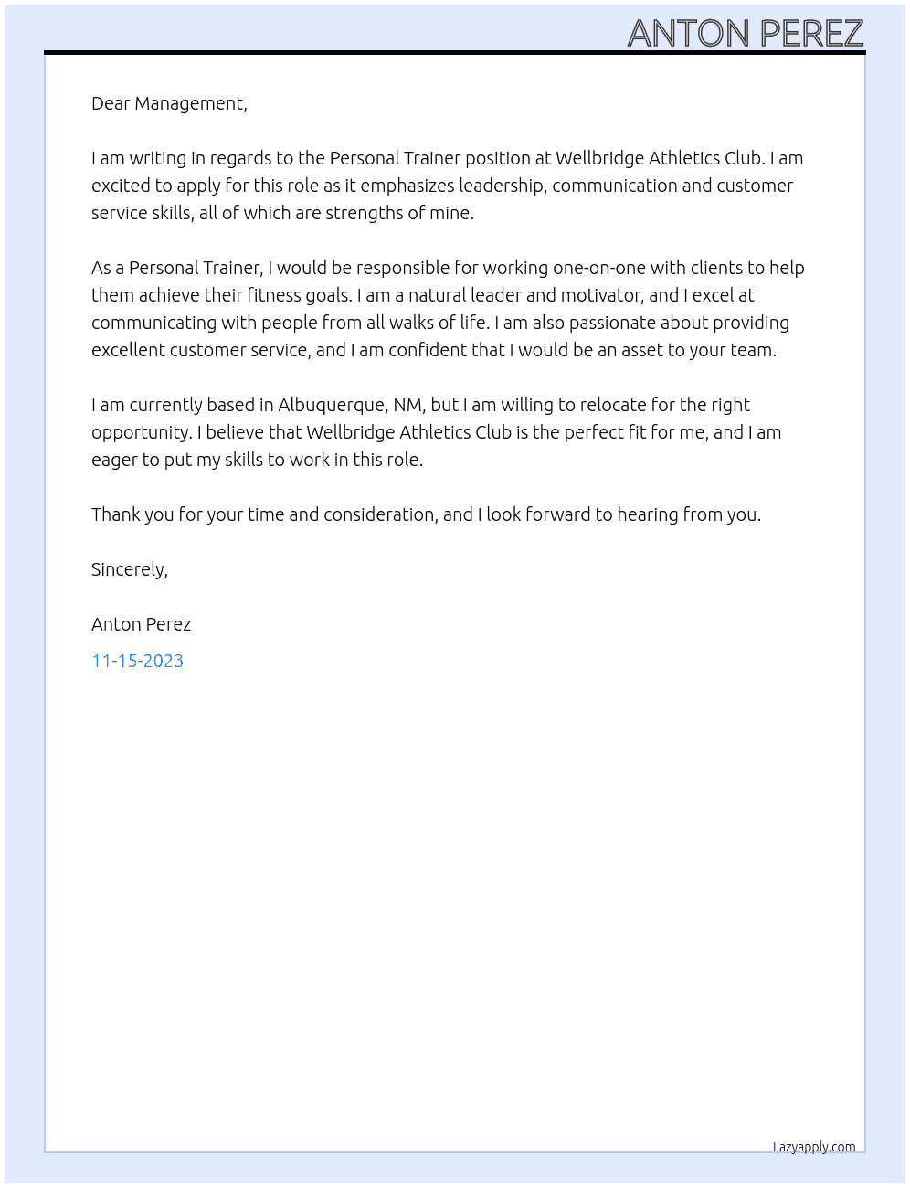 Personal Trainer At Wellbridge Athletics Club Cover Letter