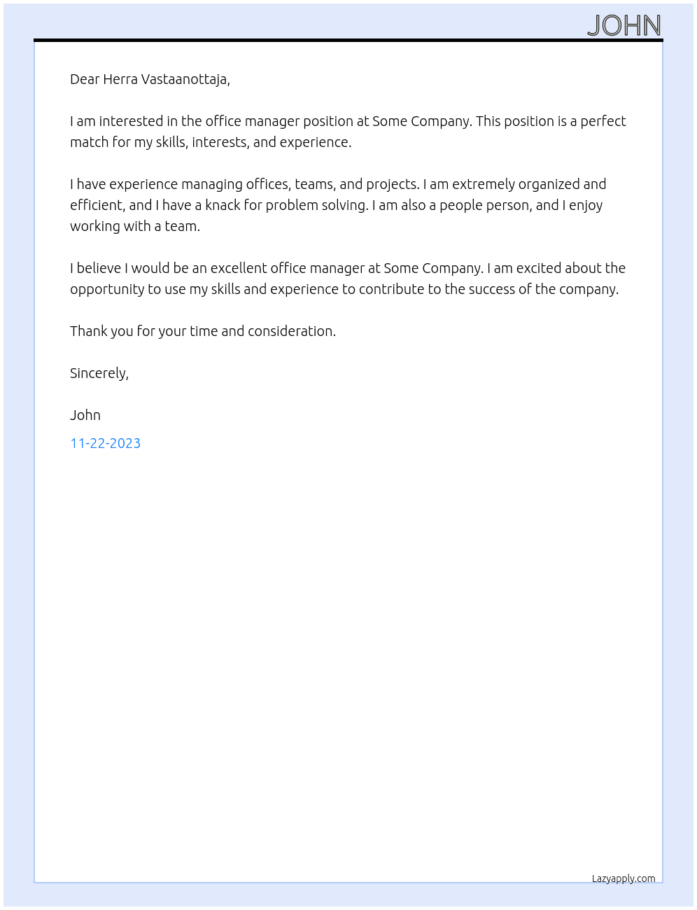 office manager At some company Cover Letter