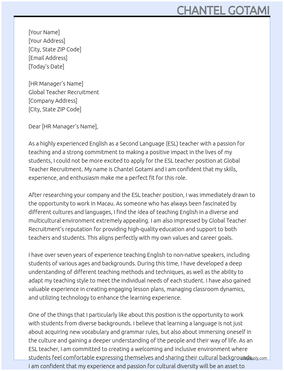 English as a Second Language teacher At Global Teacher Recruitment Cover Letter