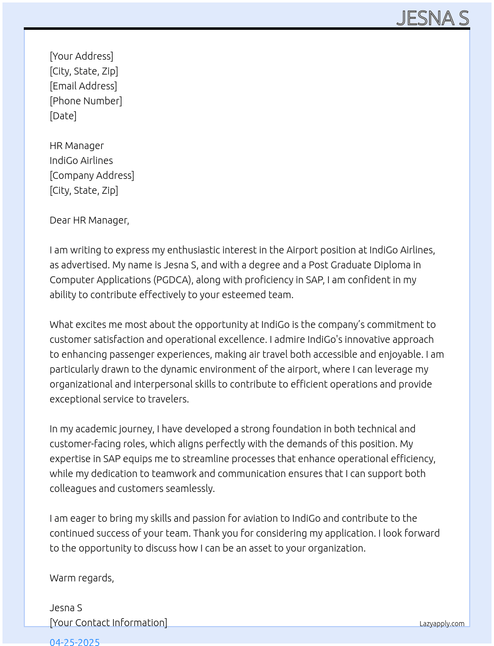 Airport job At Indigo Cover Letter