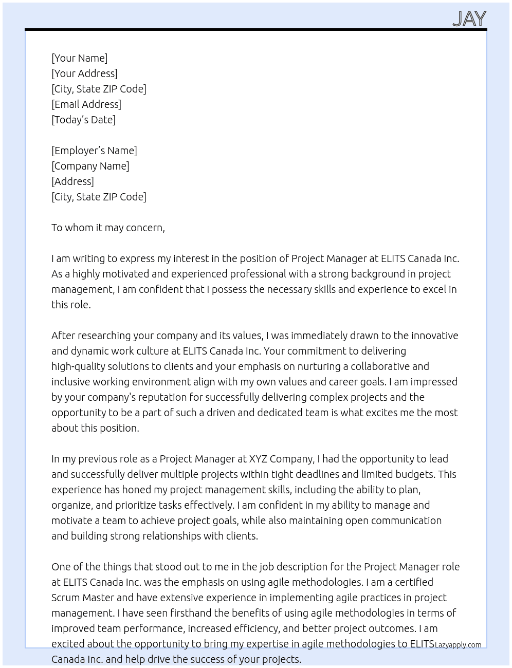 Project Manager  At ELITS Canada Inc. Cover Letter
