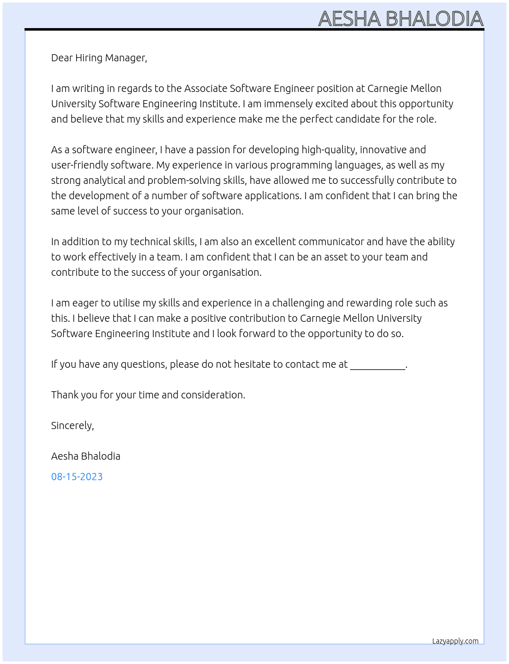 Associate Software Engineer At Carnegie Mellon University Software Engineering Institute Cover Letter