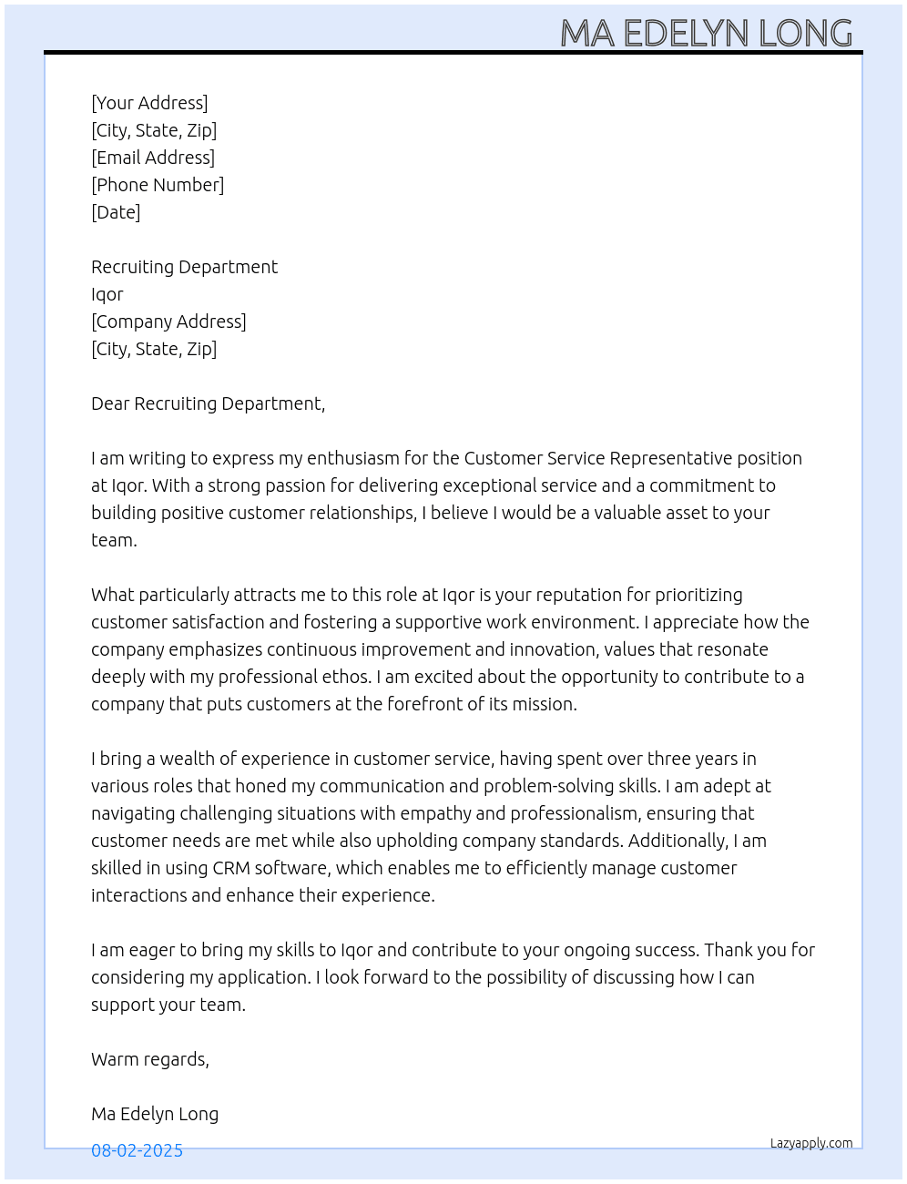 Costumer service representative  At Iqor  Cover Letter