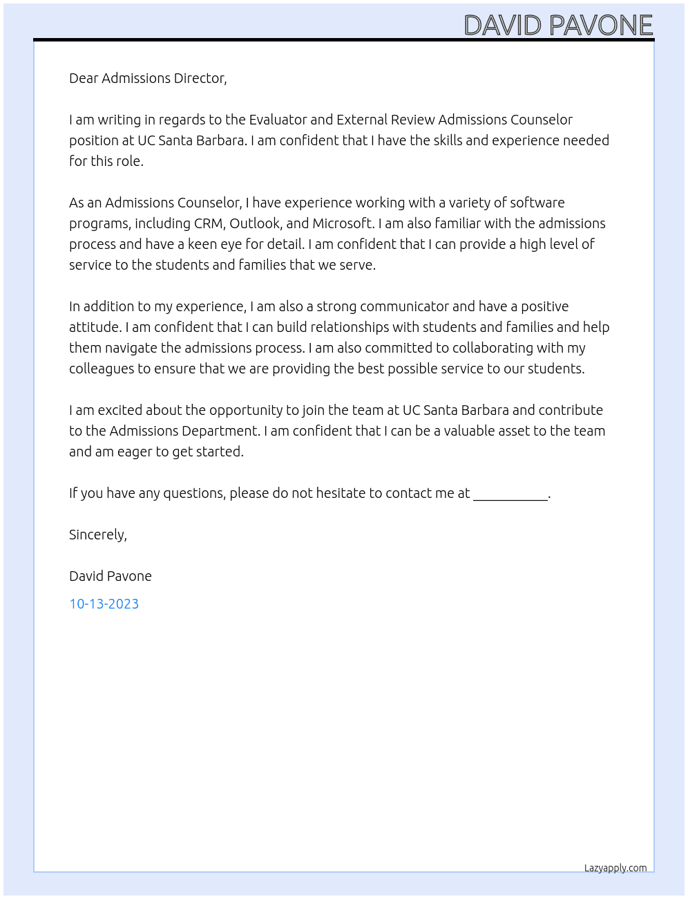 Evaluator and External Review Admissions Counselor At UC  Santa Barbara Cover Letter