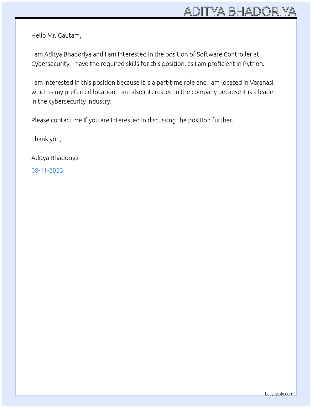 Software controller  At Cybersecurity  Cover Letter