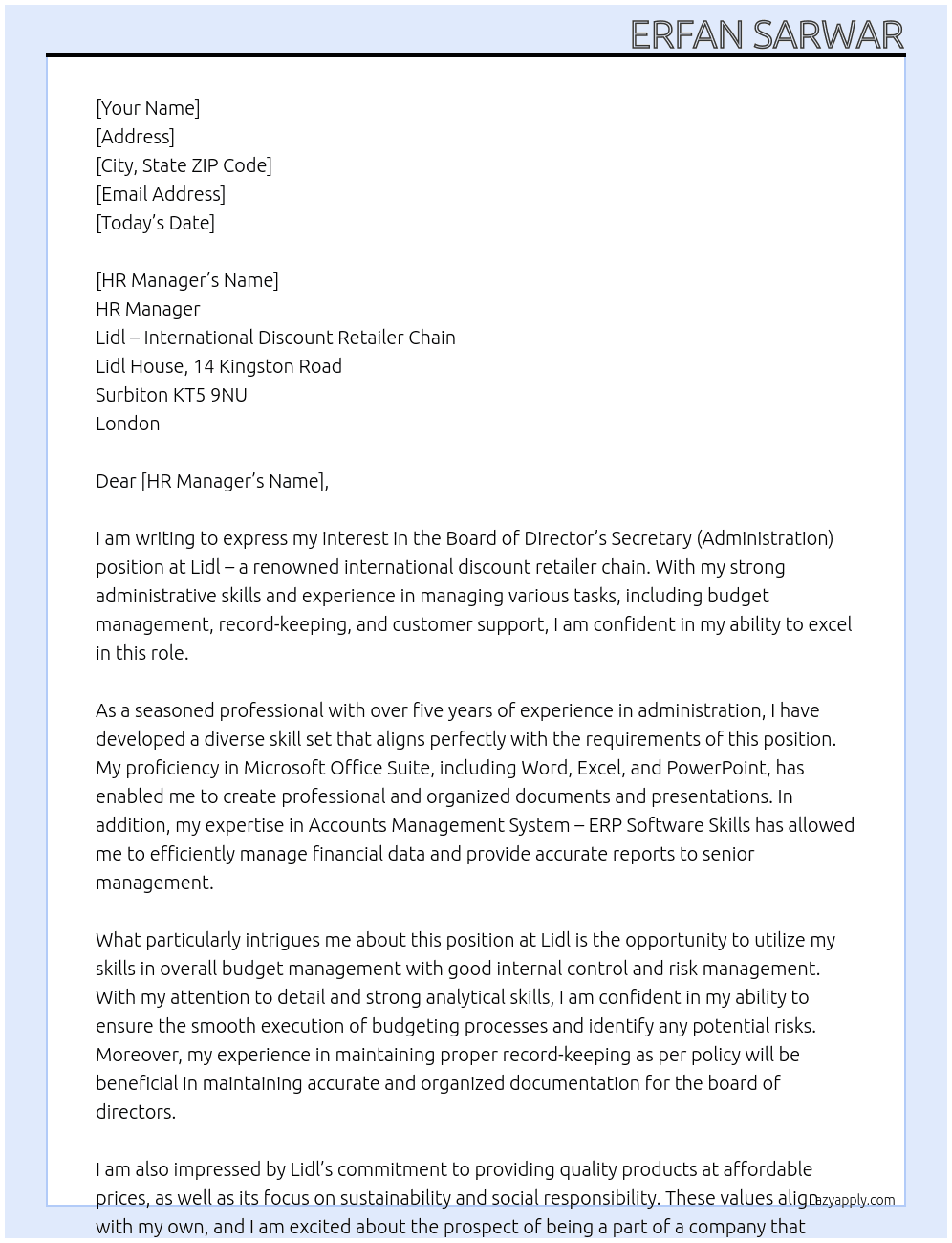 Board of Director's Secretary (Administration) At Lidl - a international discount retailer chain Cover Letter
