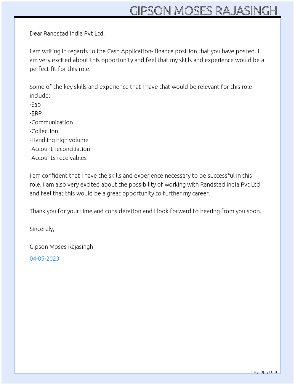 Cash application- finance  At Randstad India Pvt Ltd  Cover Letter