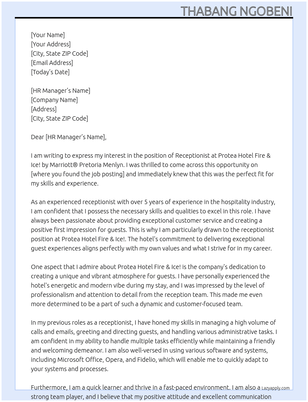 receptionist At Protea Hotel Fire & Ice! by Marriott® Pretoria Menlyn Cover Letter