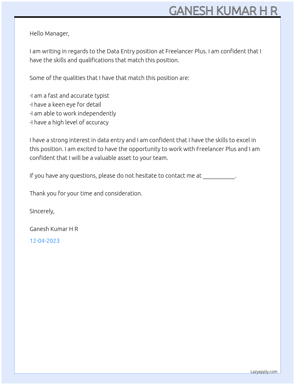 Data entry  At Freelancer Plus Cover Letter