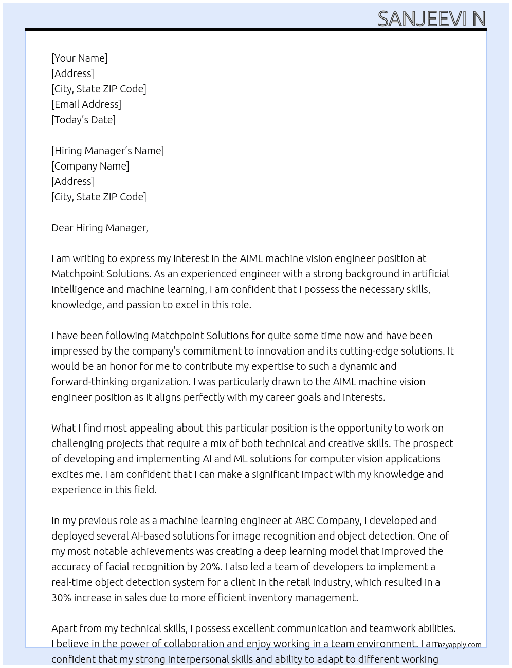 AIML machinevison engineer  At Matchpoint solutions Cover Letter