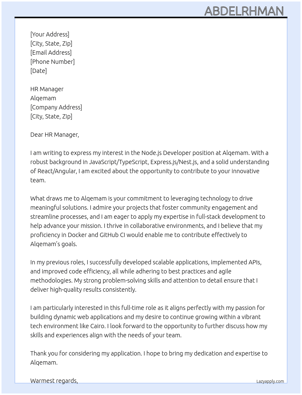nodejs developer At alqemam Cover Letter
