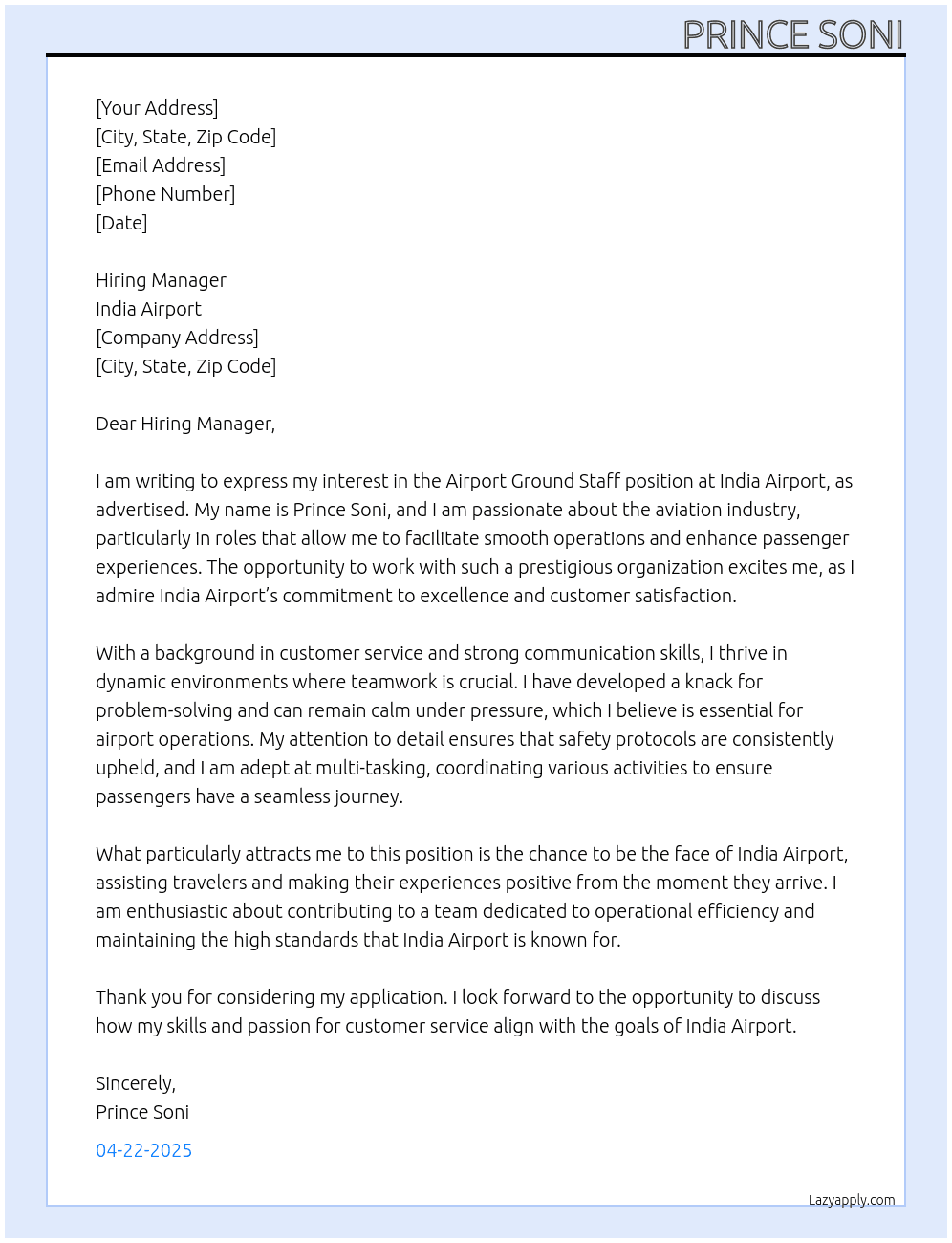 Airport ground staff  At India airport  Cover Letter