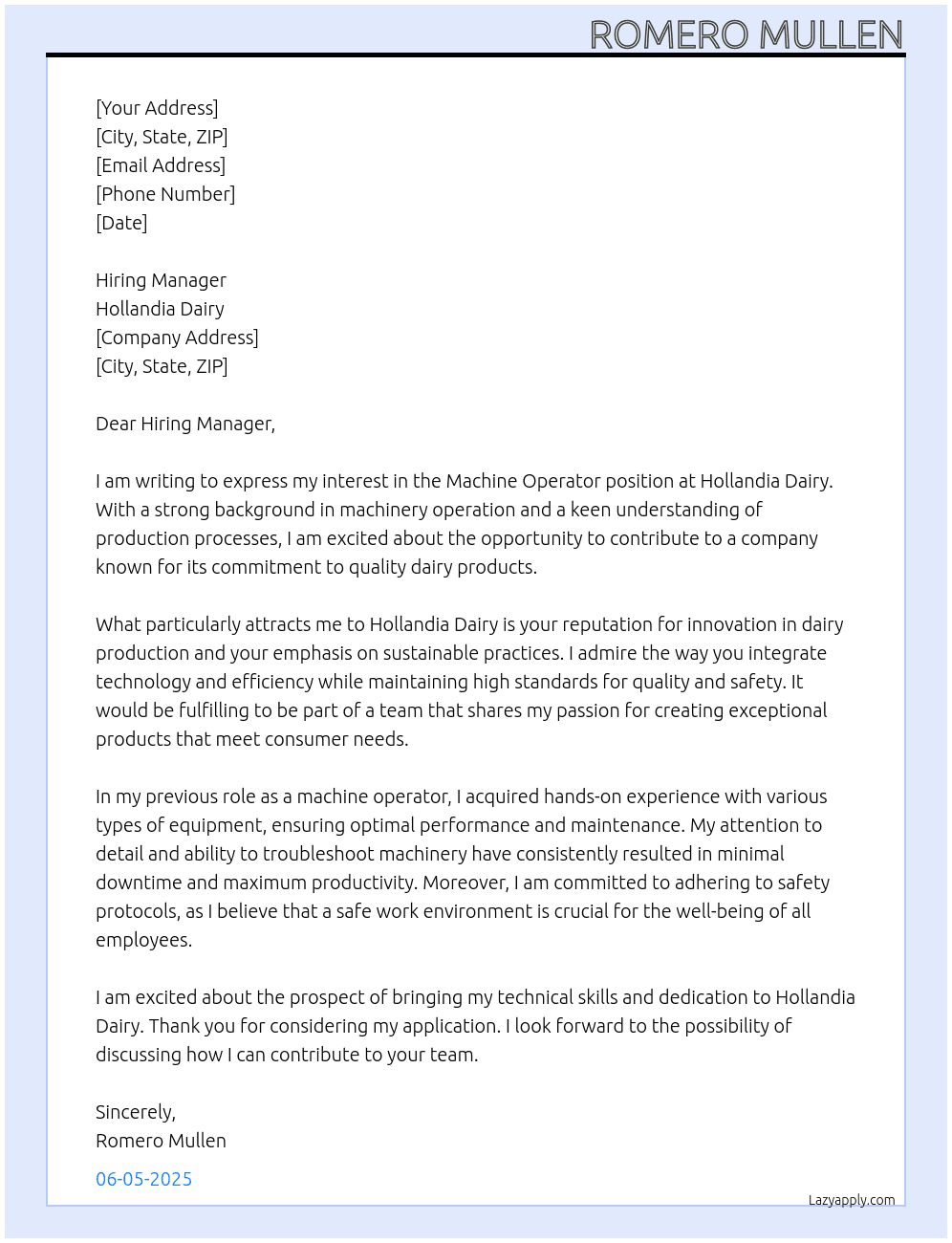 Machine operator  At Hollandia Dairy  Cover Letter