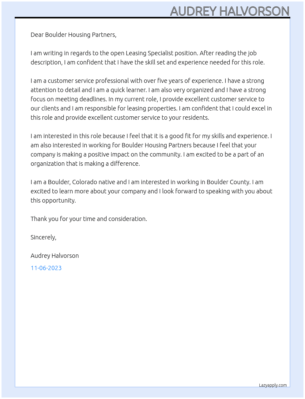 Leasing specialist  At Boulder Housing Partners Cover Letter
