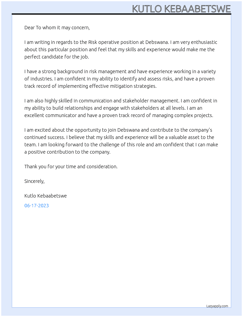 Risk operative At Debswana Cover Letter