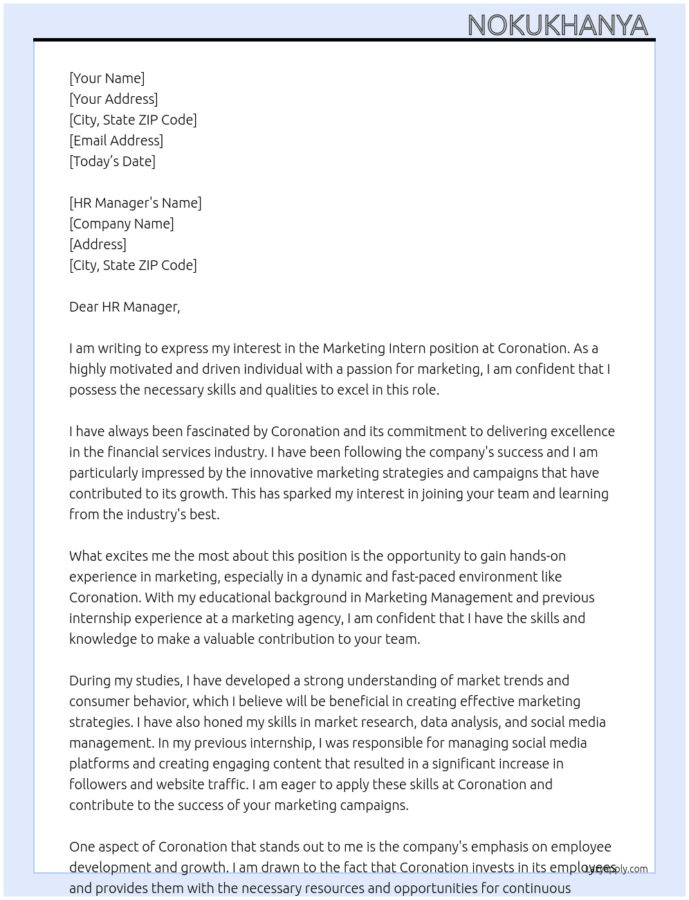 Marketing Intern  At Coronation  Cover Letter