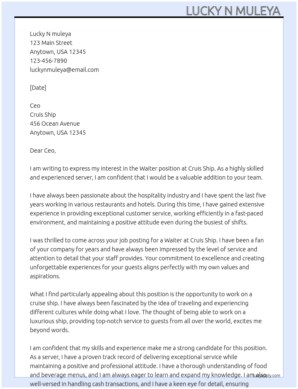 Waiter  At Cruis ship  Cover Letter