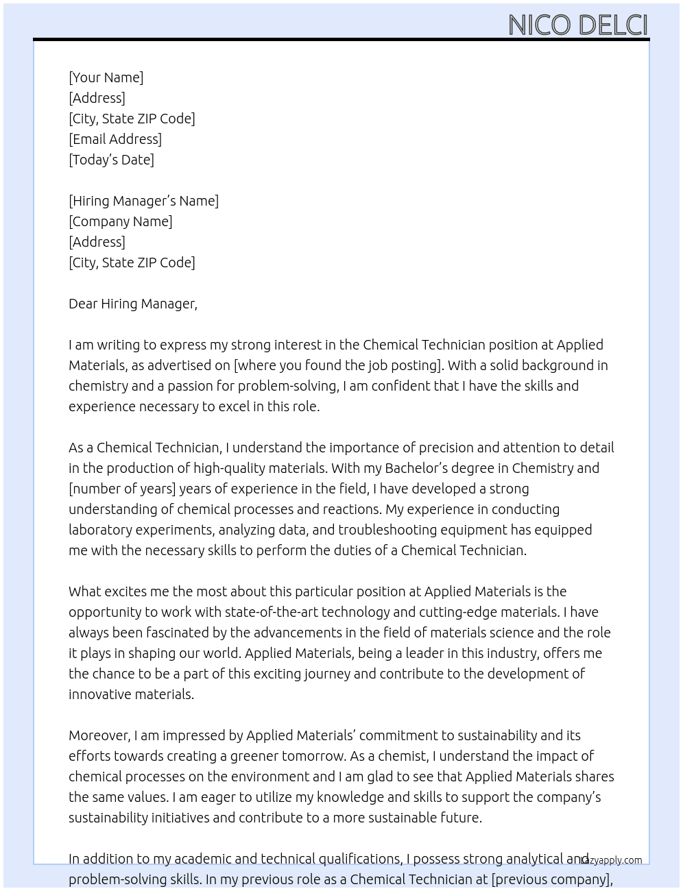 Chemical Technician At Applied Materials Cover Letter