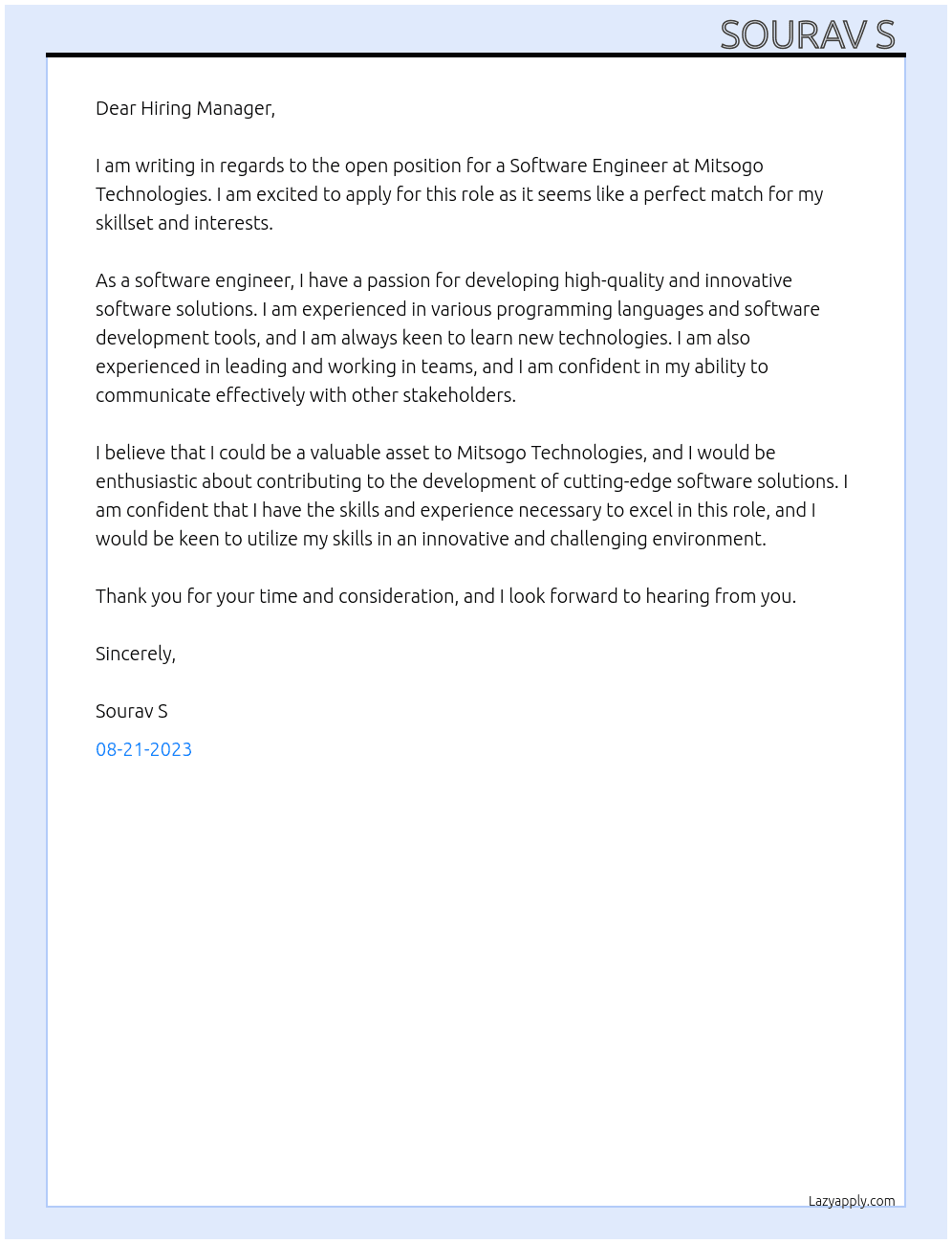 Software Engineer  At Mitsogo Technologies Cover Letter