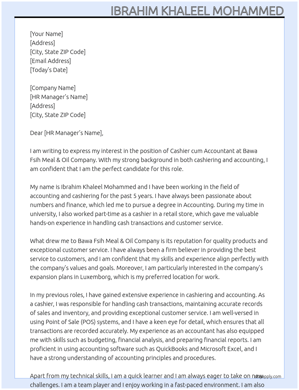 Cashier cum Accountant At Bawa Fsih Meal & Oil Company Cover Letter