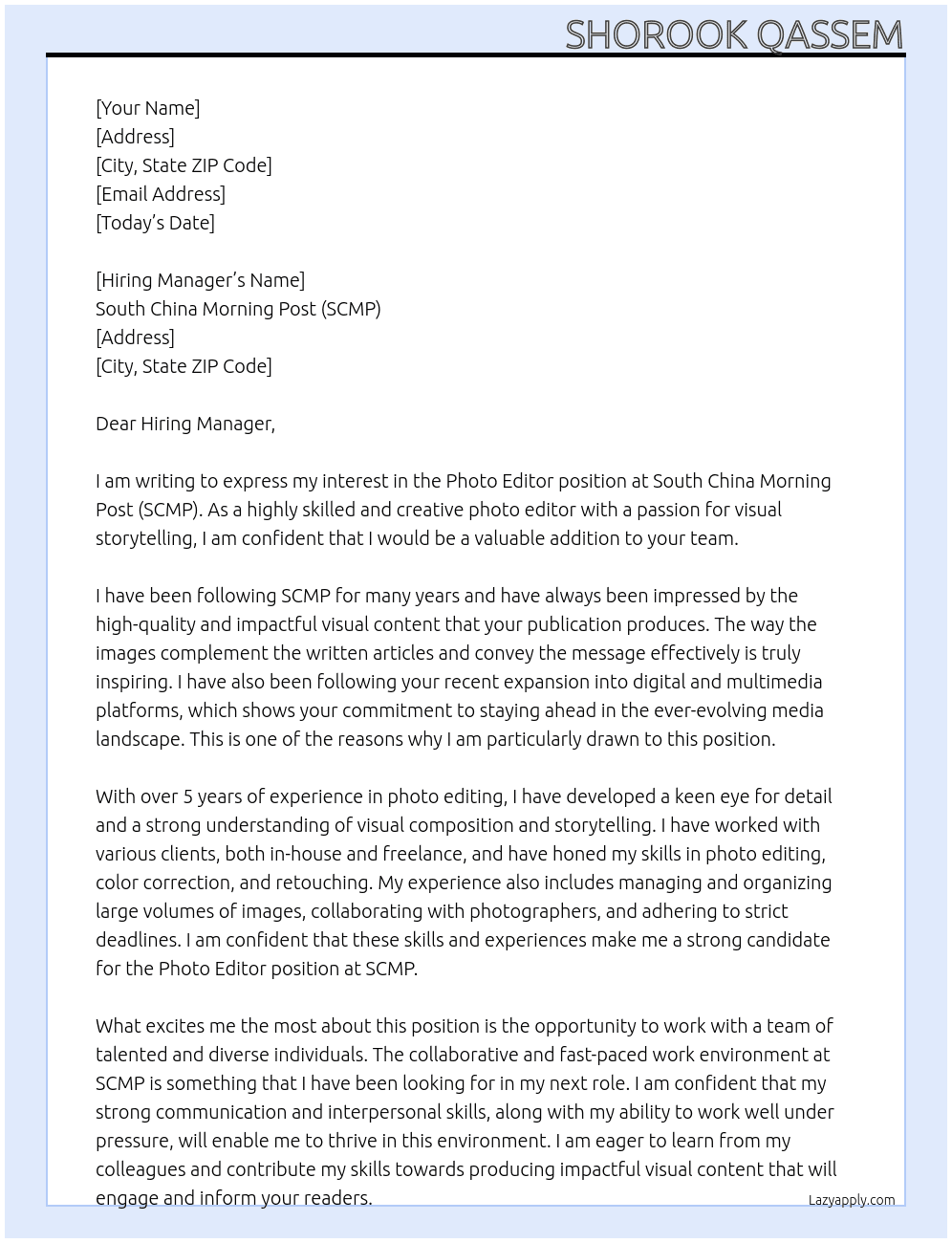 Photo Editor At South China Morning Post (SCMP) Cover Letter