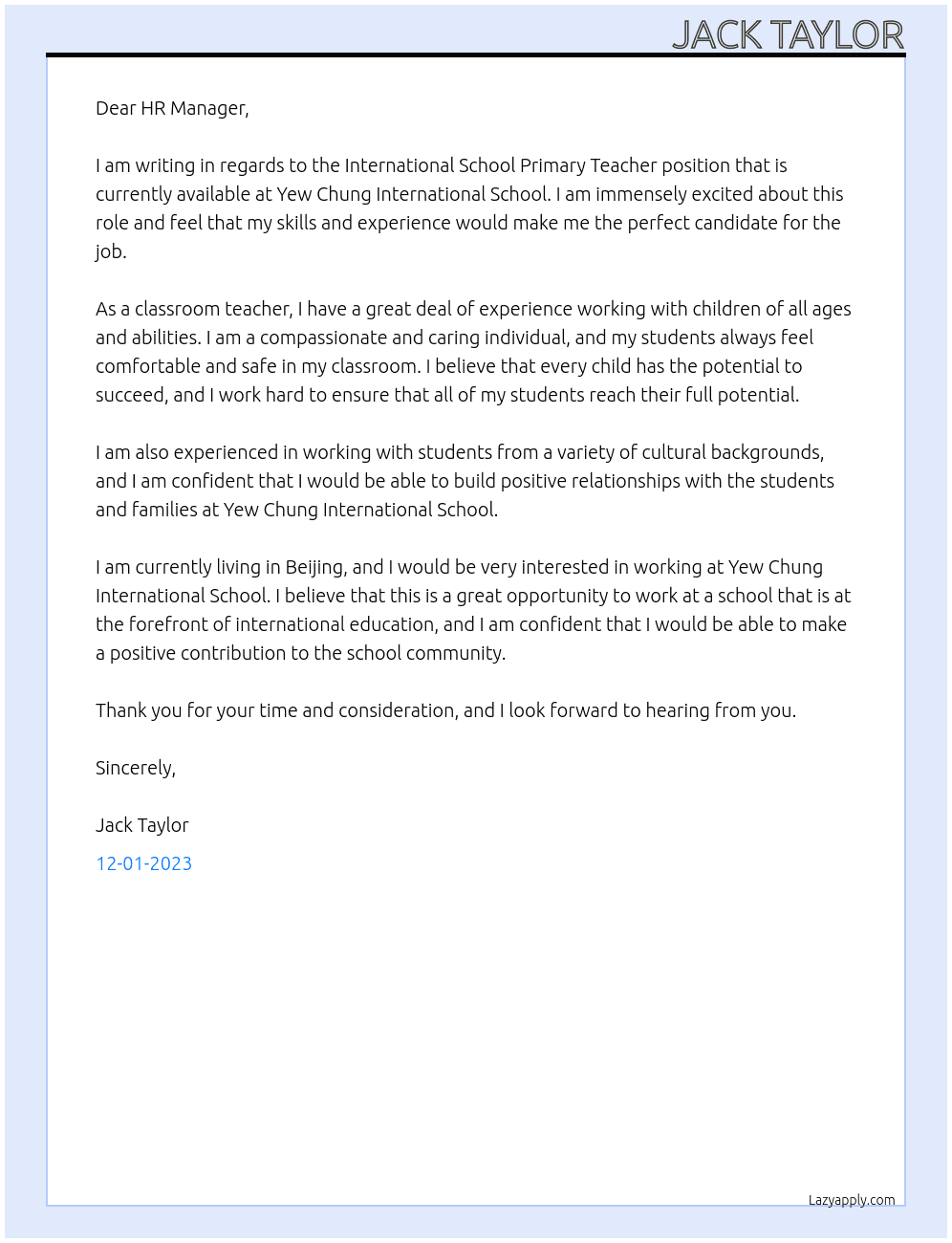 International School Primary Teacher At Yew Chung International School Cover Letter