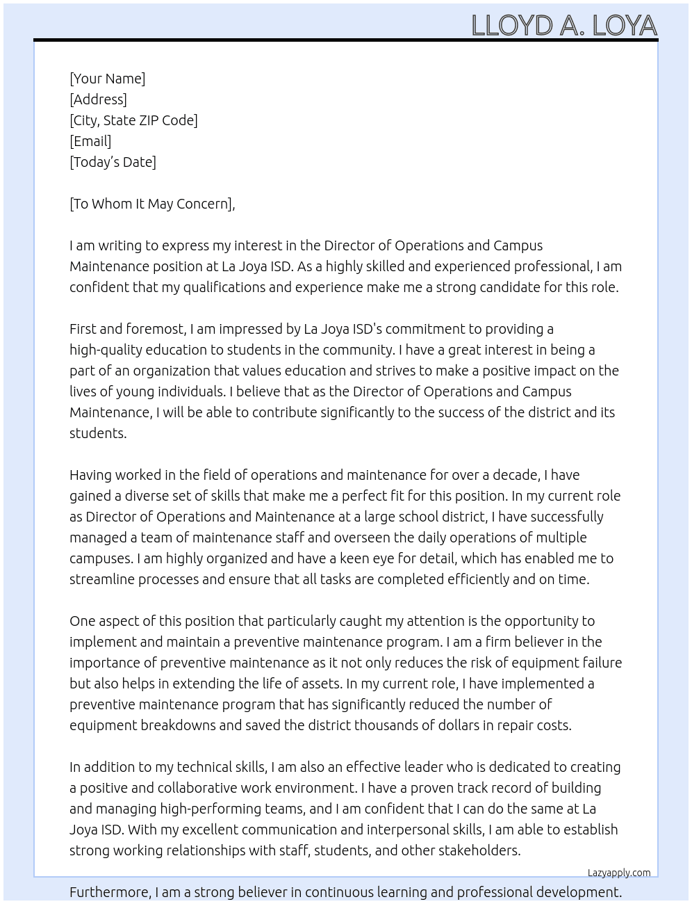 director of operations and campus maintenance At La Joya ISD Cover Letter