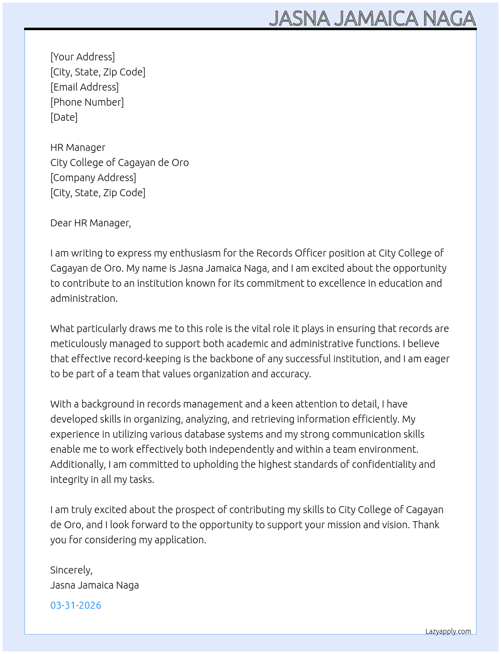 Records Officer At City College of Cagayan de oro Cover Letter