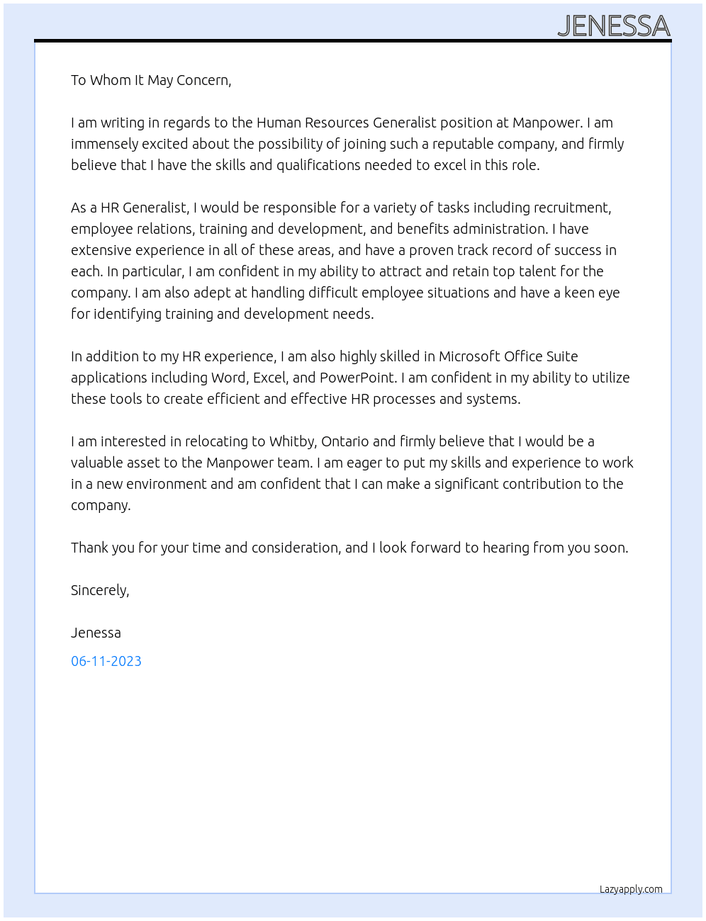 Human Resources Generalist At Manpower Cover Letter
