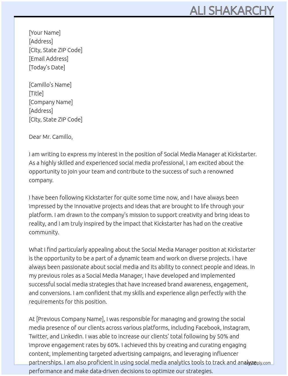 Social Media Manager At Kickstarter Cover Letter