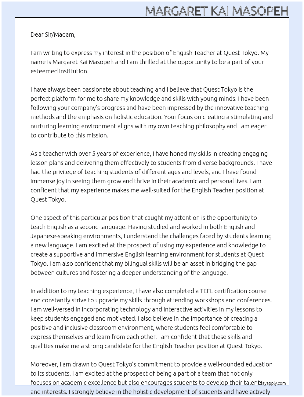 English Teacher At Quest Tokyo Cover Letter