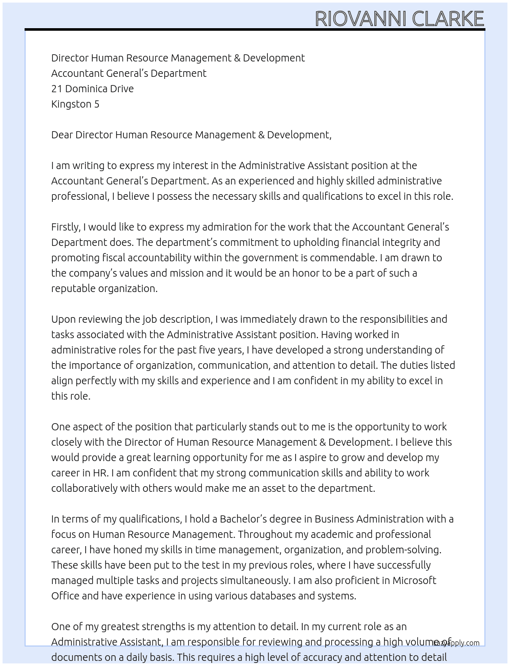 Administrative Assistant At Accountant General’s Department Cover Letter