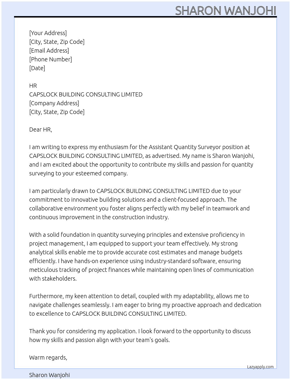 Assistant Quantity Surveyor  At CAPSLOCK BUILDING CONSULTING LIMITED  Cover Letter